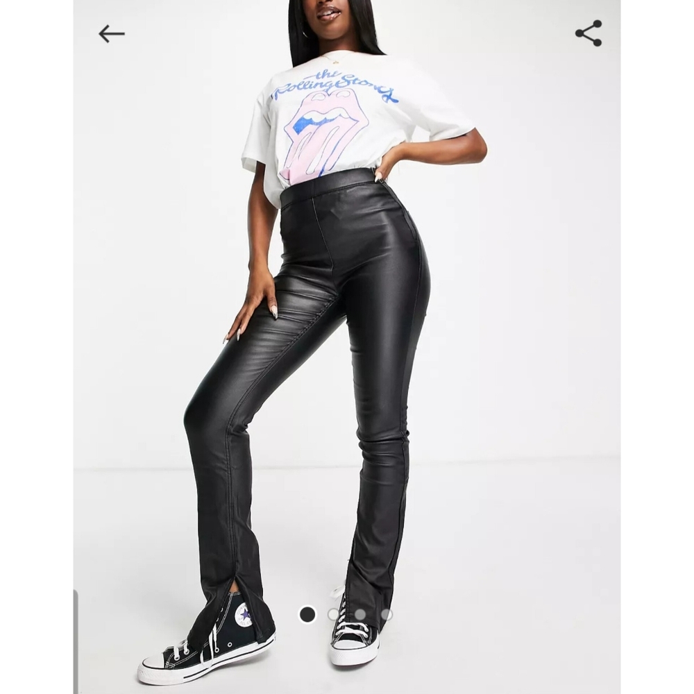 Stradivarius coated flare jeans with slit hem high waist leather pants